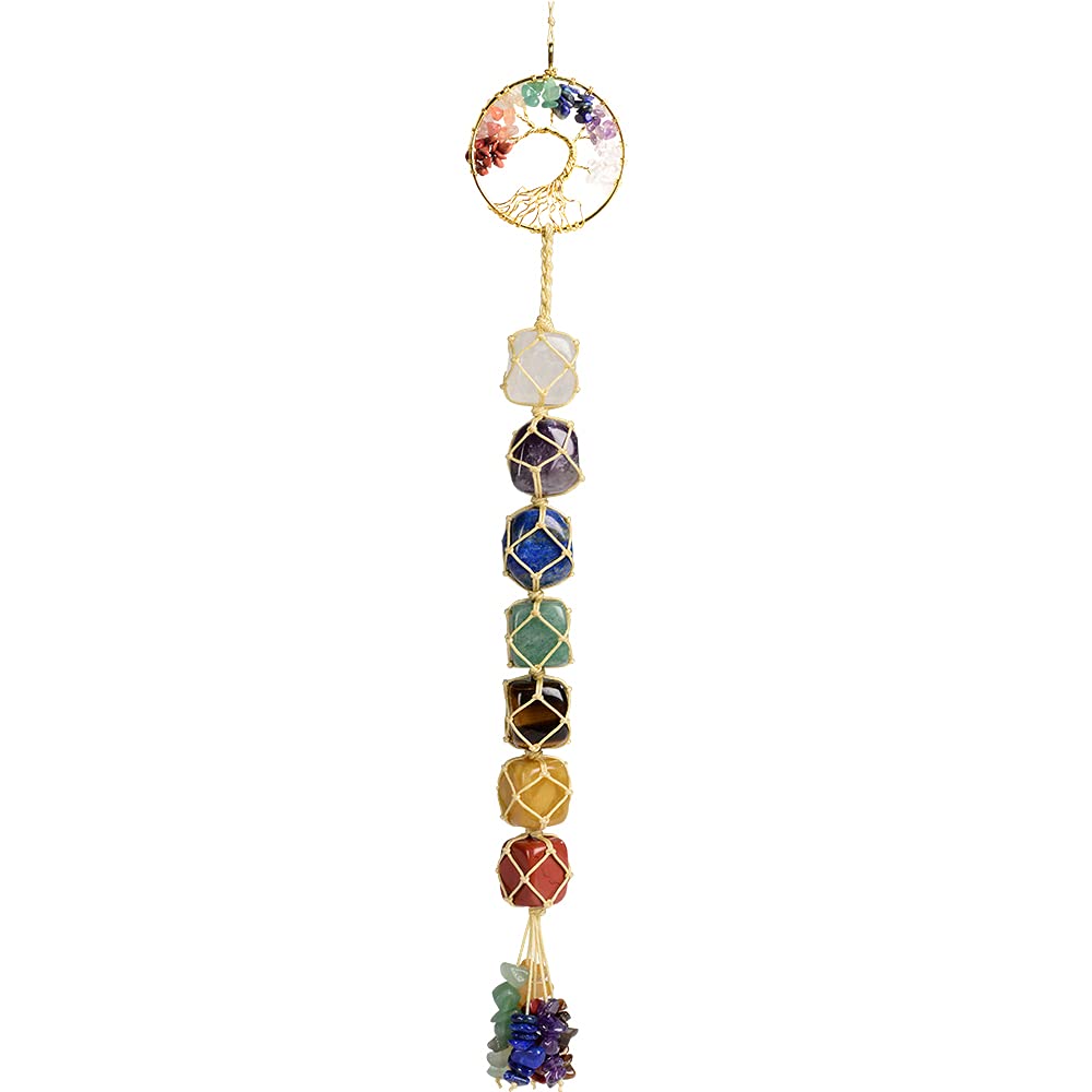 Handmade Crystal Window Car Hanging Ornaments 7 Chakra Home Decoration Feng Shui Ornament Yoga Meditation Car Decoration Tumbled Palm Stones (7 Chakras Tree)