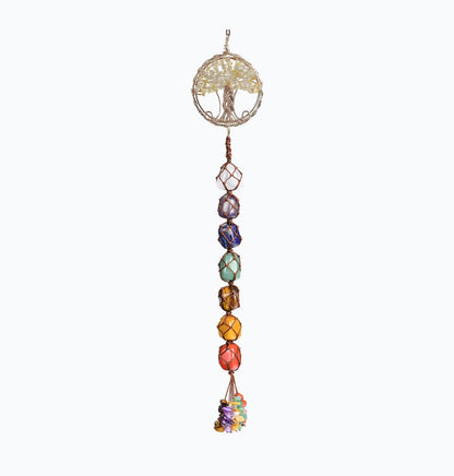 Handmade Crystal Window Car Hanging Ornaments 7 Chakra Home Decoration Feng Shui Ornament Yoga Meditation Car Decoration Tumbled Palm Stones (7 Chakras Tree)