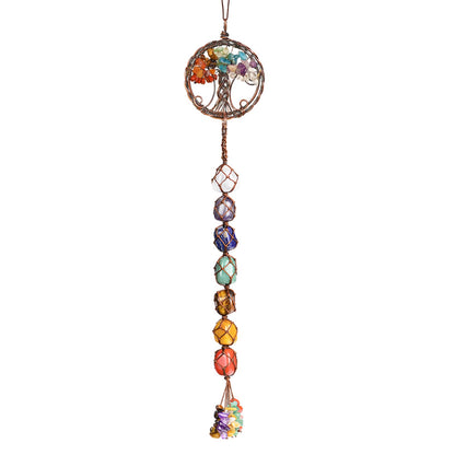 Handmade Crystal Window Car Hanging Ornaments 7 Chakra Home Decoration Feng Shui Ornament Yoga Meditation Car Decoration Tumbled Palm Stones (7 Chakras Tree)