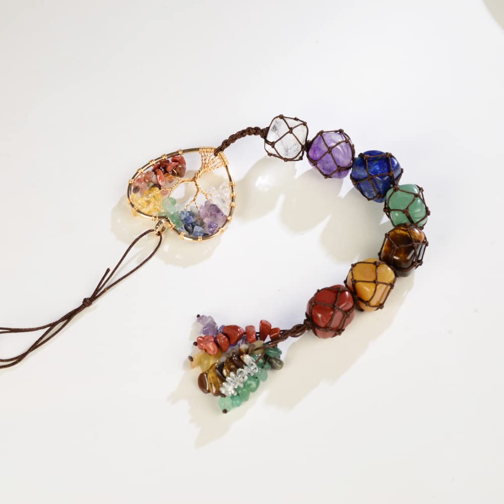 Handmade Crystal Window Car Hanging Ornaments 7 Chakra Home Decoration Feng Shui Ornament Yoga Meditation Car Decoration Tumbled Palm Stones (7 Chakras Tree)