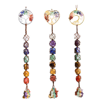 Handmade Crystal Window Car Hanging Ornaments 7 Chakra Home Decoration Feng Shui Ornament Yoga Meditation Car Decoration Tumbled Palm Stones (7 Chakras Tree)