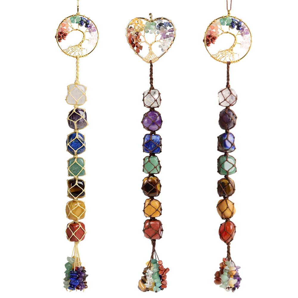 Handmade Crystal Window Car Hanging Ornaments 7 Chakra Home Decoration Feng Shui Ornament Yoga Meditation Car Decoration Tumbled Palm Stones (7 Chakras Tree)