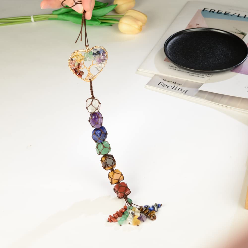 Handmade Crystal Window Car Hanging Ornaments 7 Chakra Home Decoration Feng Shui Ornament Yoga Meditation Car Decoration Tumbled Palm Stones (7 Chakras Tree)