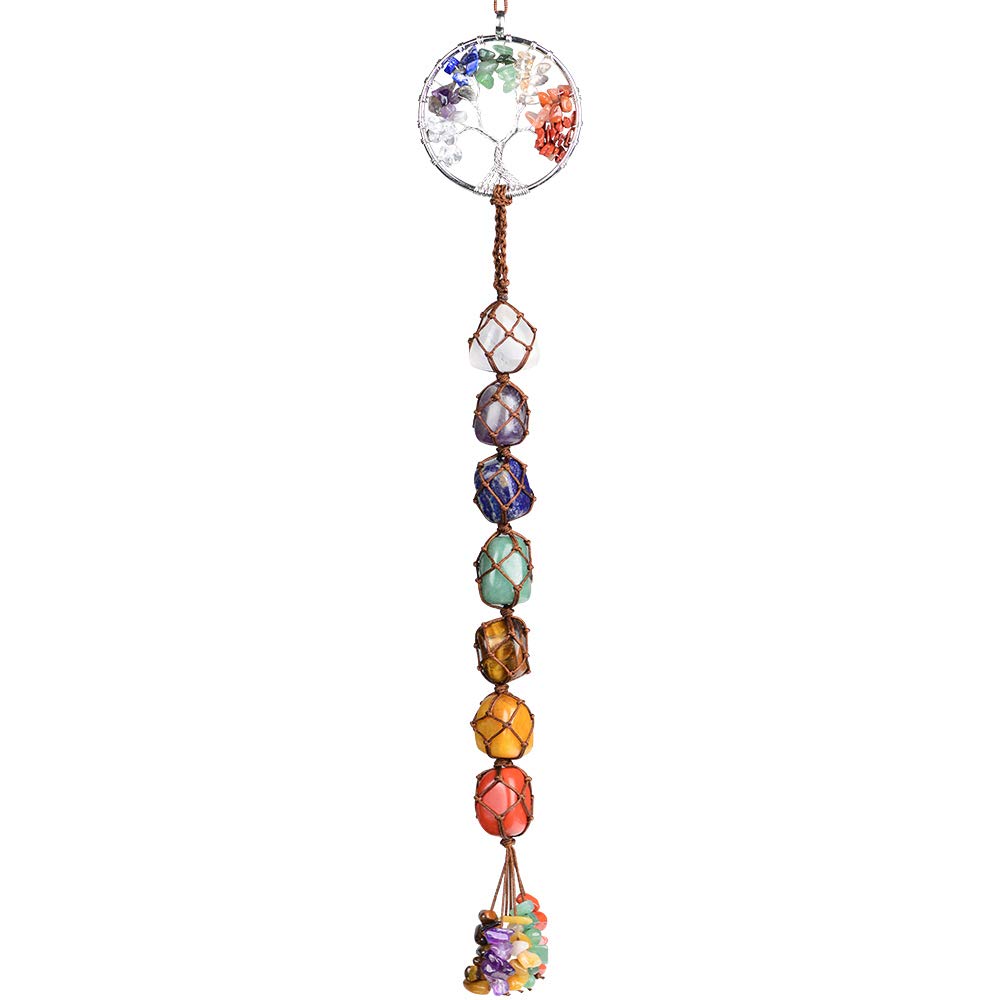 Handmade Crystal Window Car Hanging Ornaments 7 Chakra Home Decoration Feng Shui Ornament Yoga Meditation Car Decoration Tumbled Palm Stones (7 Chakras Tree)