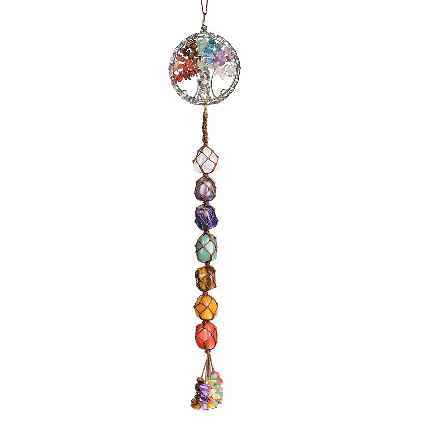 Handmade Crystal Window Car Hanging Ornaments 7 Chakra Home Decoration Feng Shui Ornament Yoga Meditation Car Decoration Tumbled Palm Stones (7 Chakras Tree)