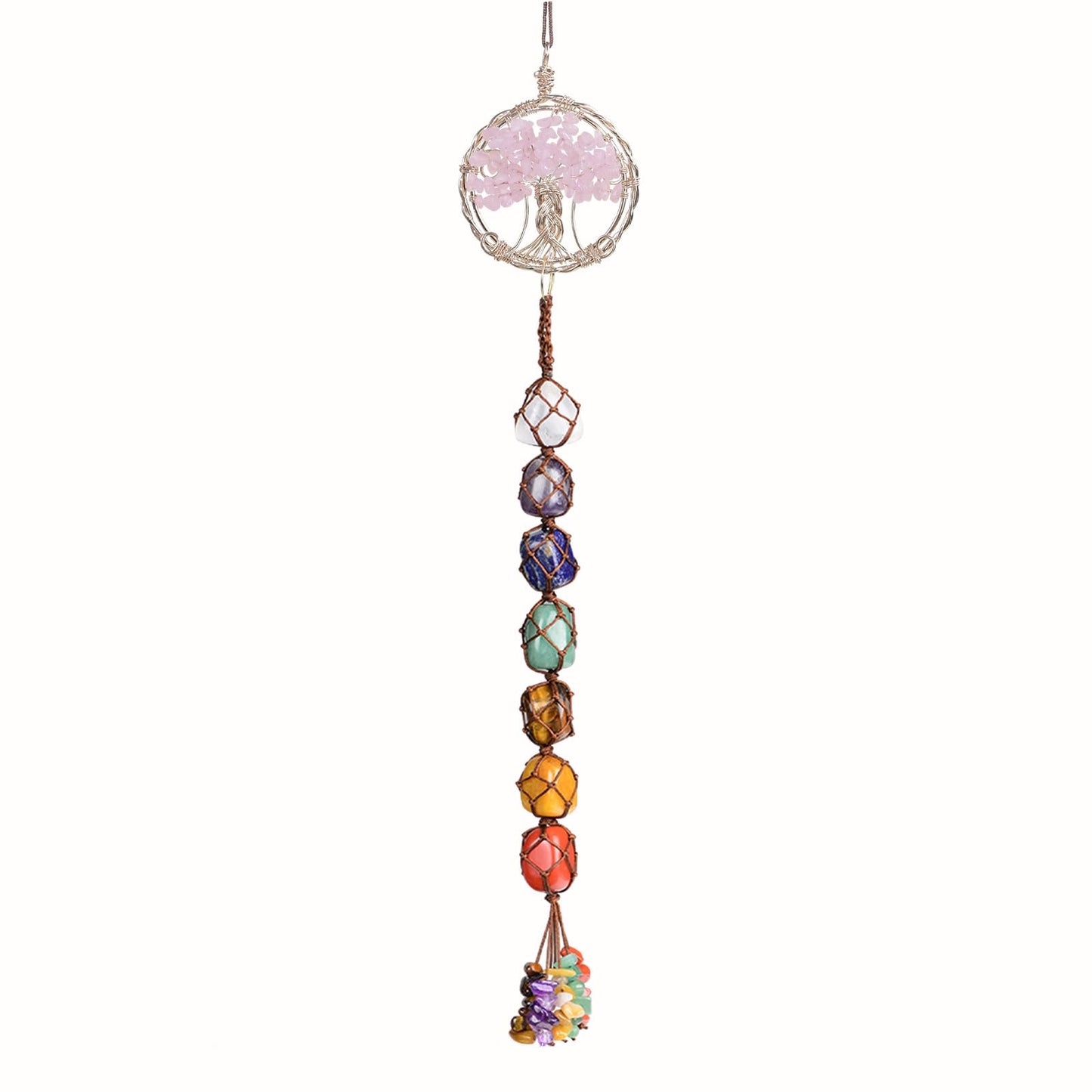 Handmade Crystal Window Car Hanging Ornaments 7 Chakra Home Decoration Feng Shui Ornament Yoga Meditation Car Decoration Tumbled Palm Stones (7 Chakras Tree)