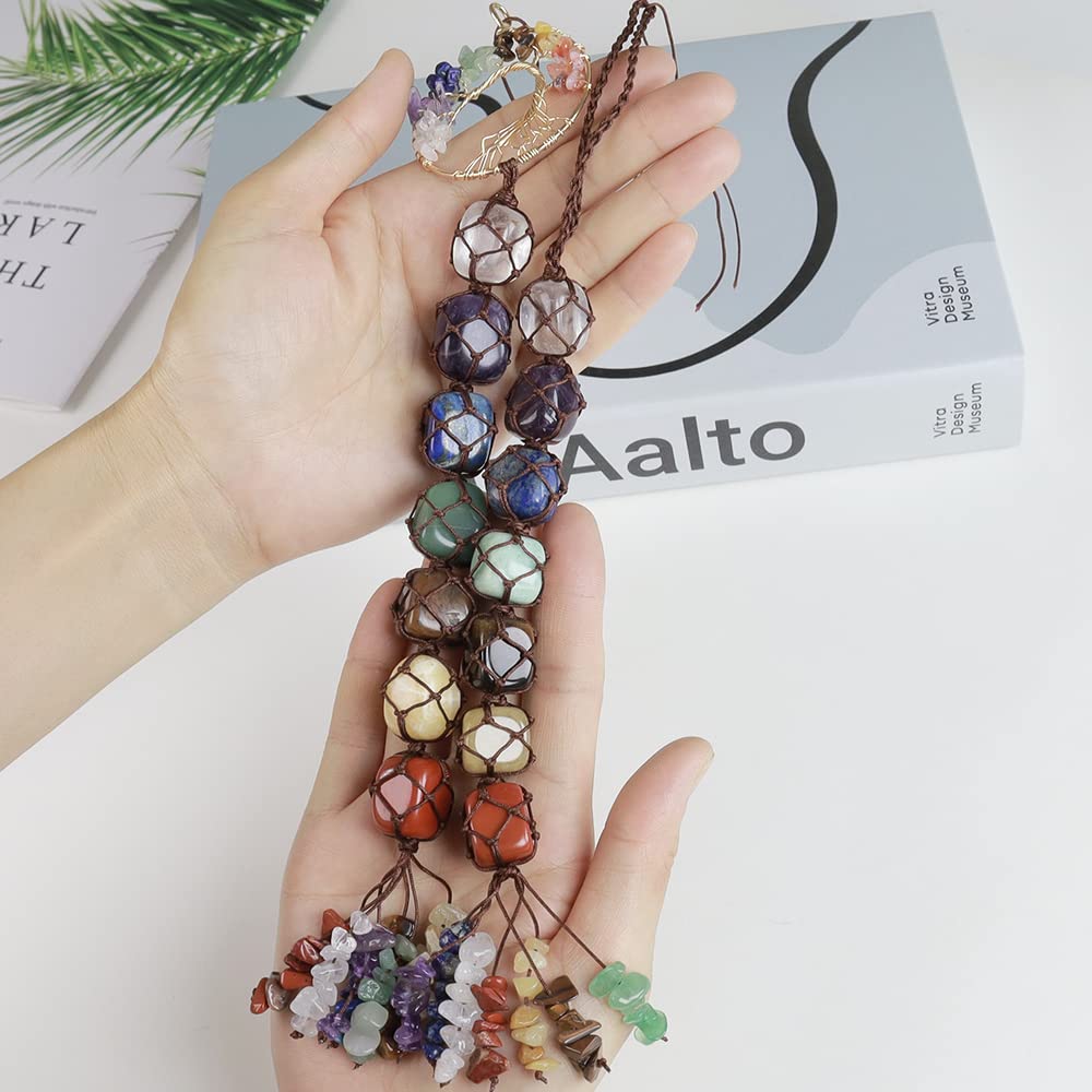 Handmade Crystal Window Car Hanging Ornaments 7 Chakra Home Decoration Feng Shui Ornament Yoga Meditation Car Decoration Tumbled Palm Stones (7 Chakras Tree)