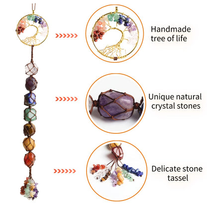 Handmade Crystal Window Car Hanging Ornaments 7 Chakra Home Decoration Feng Shui Ornament Yoga Meditation Car Decoration Tumbled Palm Stones (7 Chakras Tree)