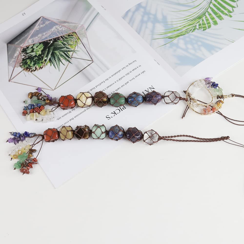 Handmade Crystal Window Car Hanging Ornaments 7 Chakra Home Decoration Feng Shui Ornament Yoga Meditation Car Decoration Tumbled Palm Stones (7 Chakras Tree)