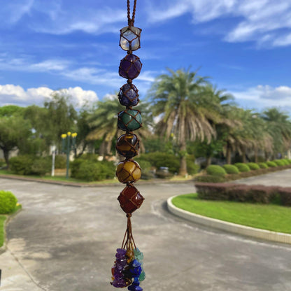 Handmade Crystal Window Car Hanging Ornaments 7 Chakra Home Decoration Feng Shui Ornament Yoga Meditation Car Decoration Tumbled Palm Stones (7 Chakras Tree)